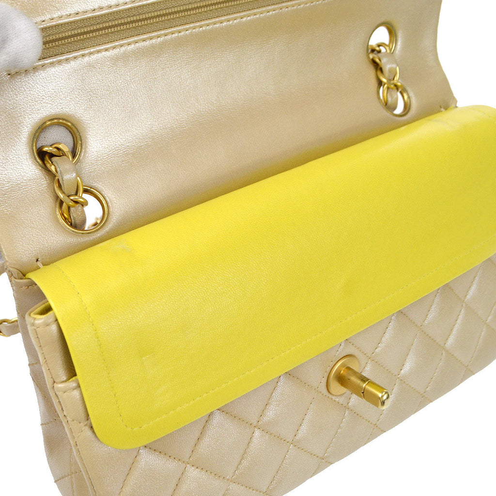 CHANEL 2000-2001 Classic Double Flap Medium Metallic Beige Lambskin