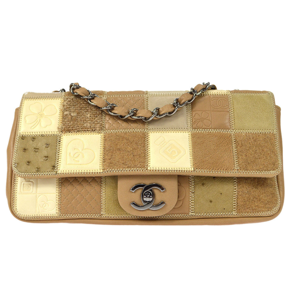 CHANEL 2006-2008 Multicolor Mixed Material Patchwork Single Flap Bag Medium