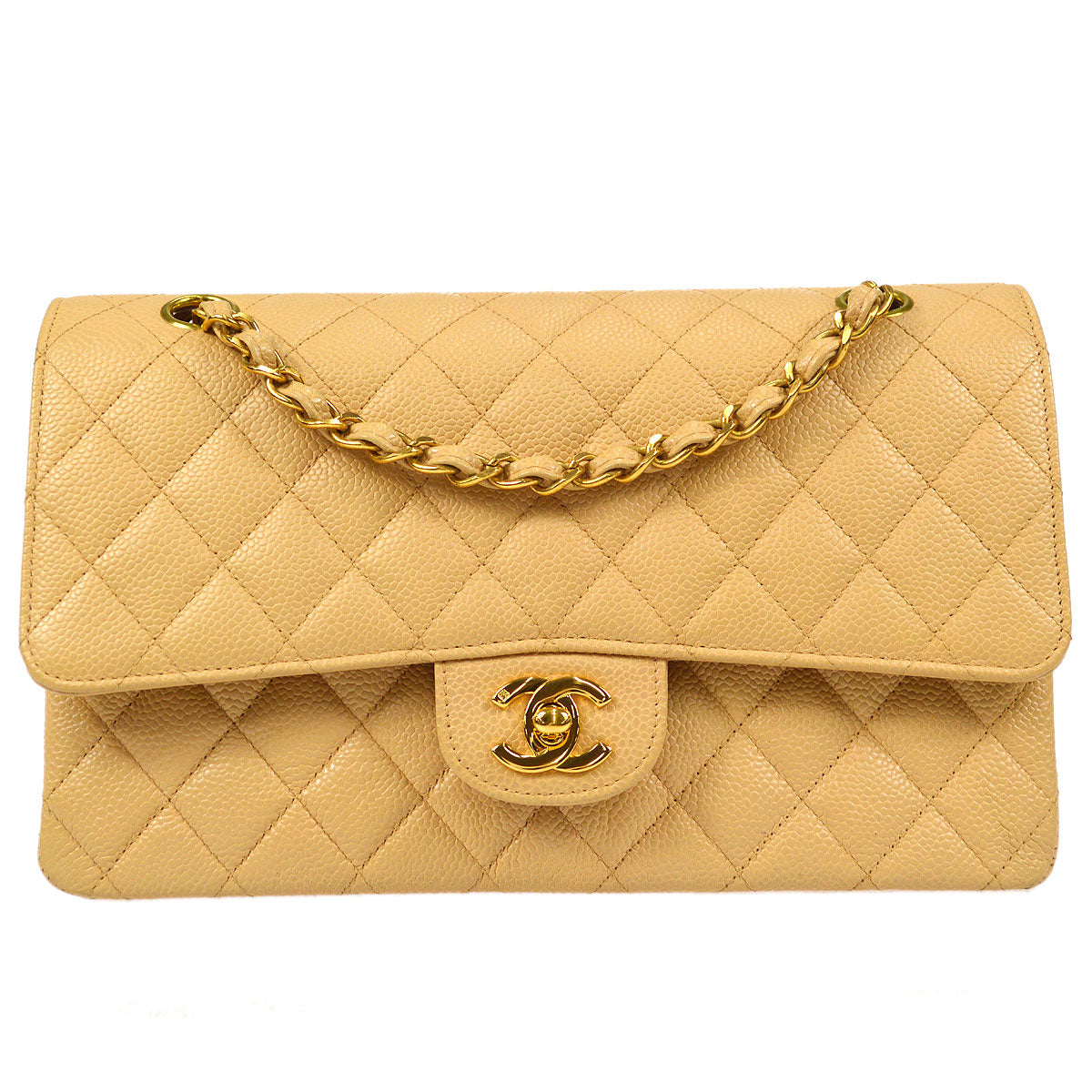 CHANEL 1997-1999 Classic Double Flap Medium Beige Caviar
