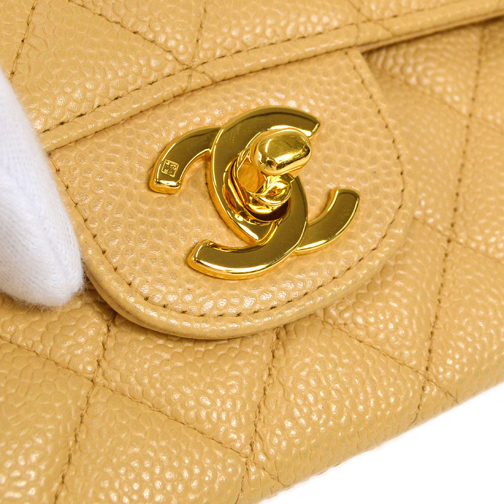 CHANEL 1997-1999 Classic Double Flap Medium Beige Caviar