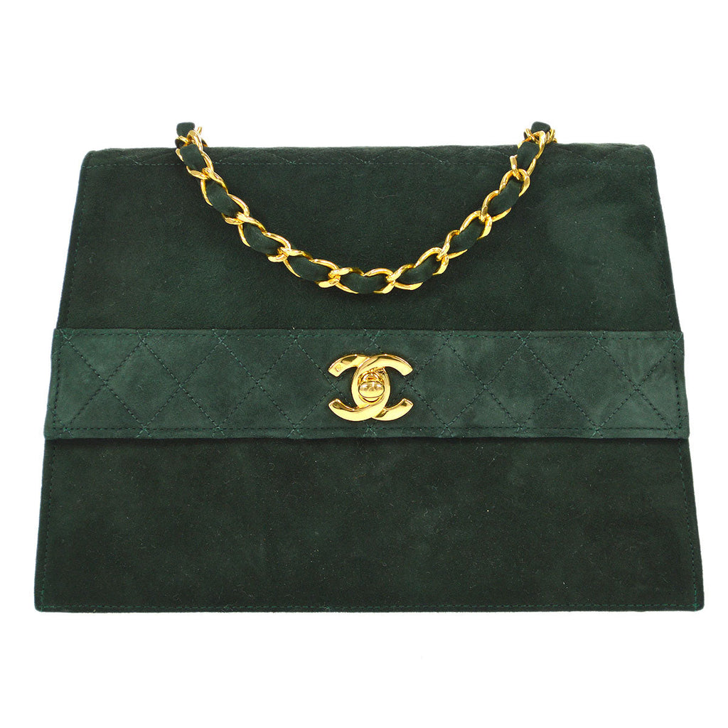CHANEL 1989-1991 Trapezoid Flap Medium Green Suede