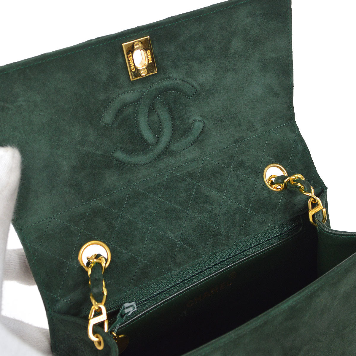 CHANEL 1989-1991 Trapezoid Flap Medium Green Suede