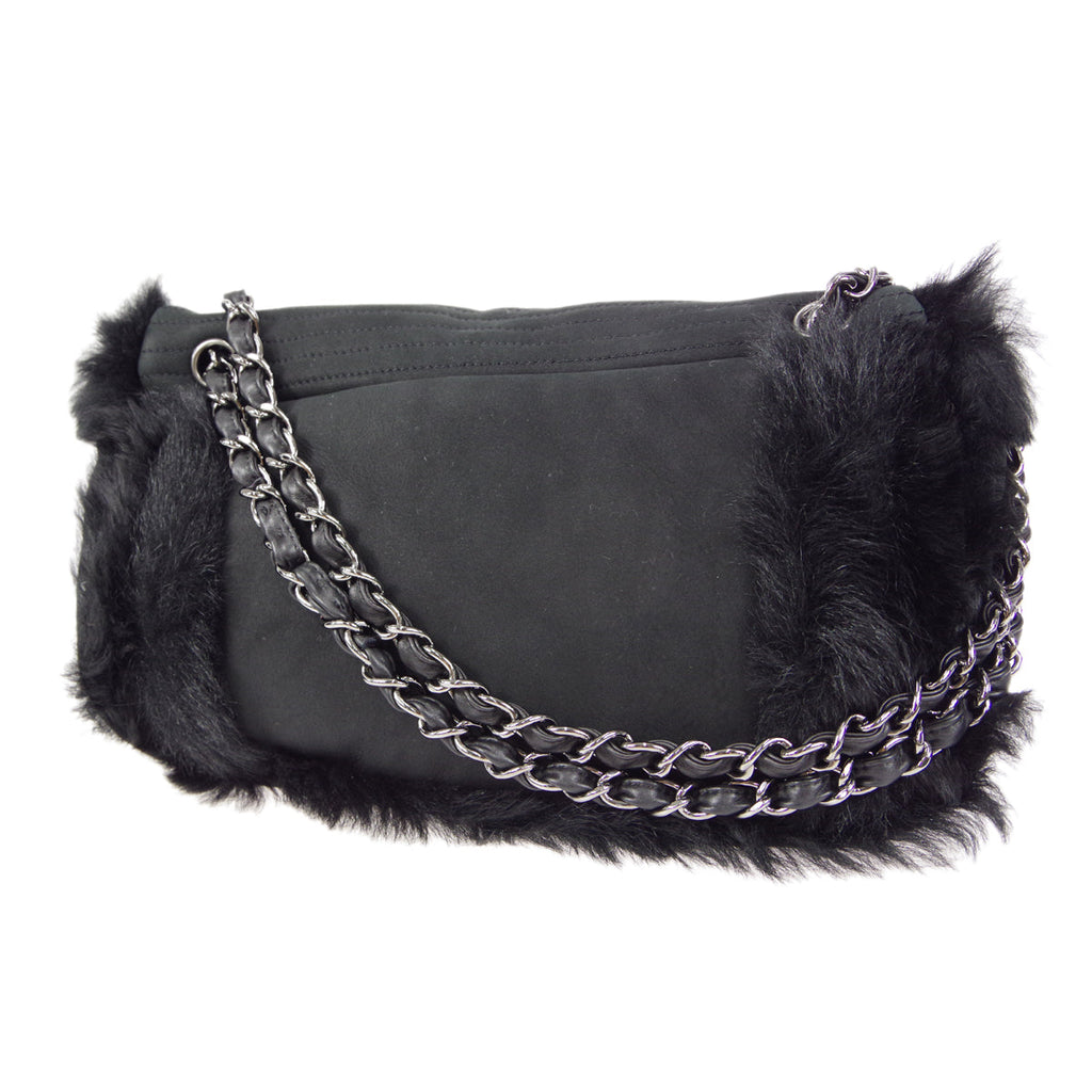 CHANEL 2006-2008 Sport Line Flap Jumbo Black Sheepskin Fur