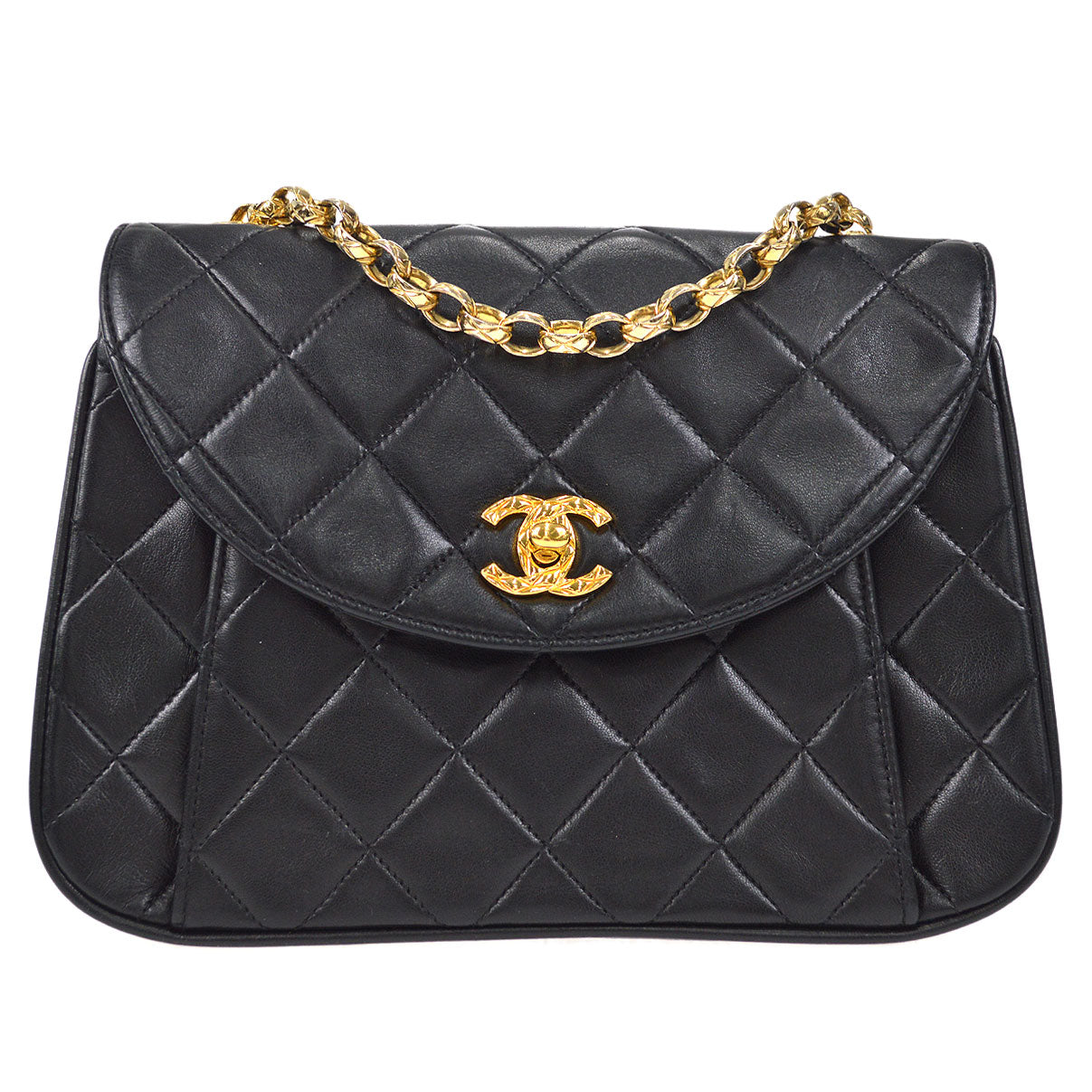 CHANEL 1990s Round Flap Small Black Lambskin
