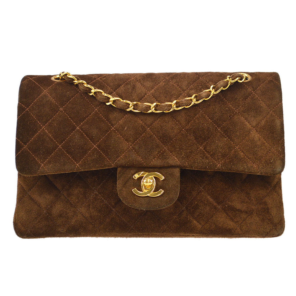 CHANEL 1994-1996 Classic Double Flap Medium Brown Suede