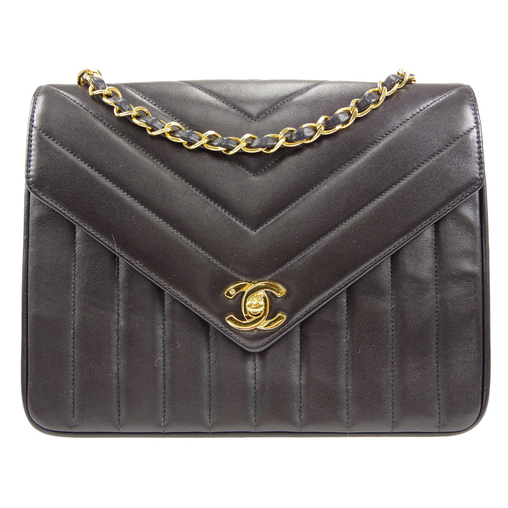 CHANEL V Stitch Mademoiselle Double Chain Shoulder Bag Lambskin