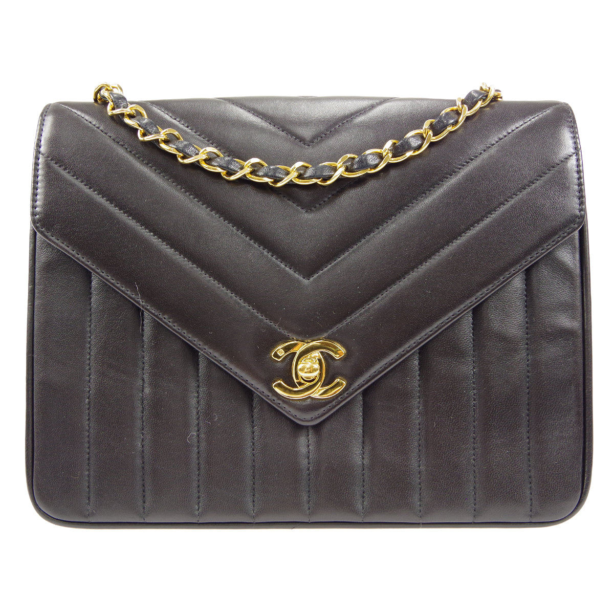 CHANEL V Stitch Mademoiselle Double Chain Shoulder Bag Lambskin