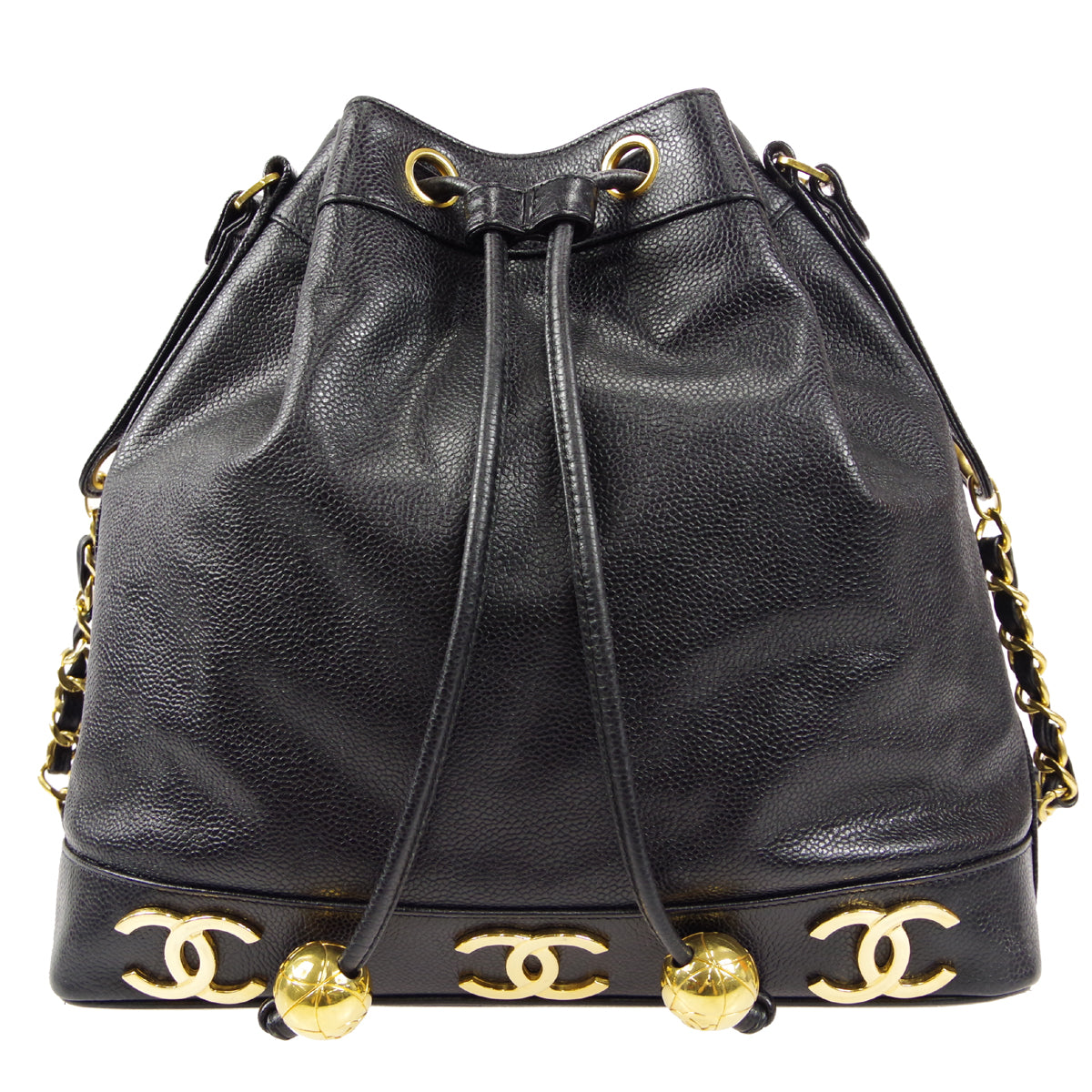 CHANEL Drawstring Chain Shoulder Bag Black Caviar