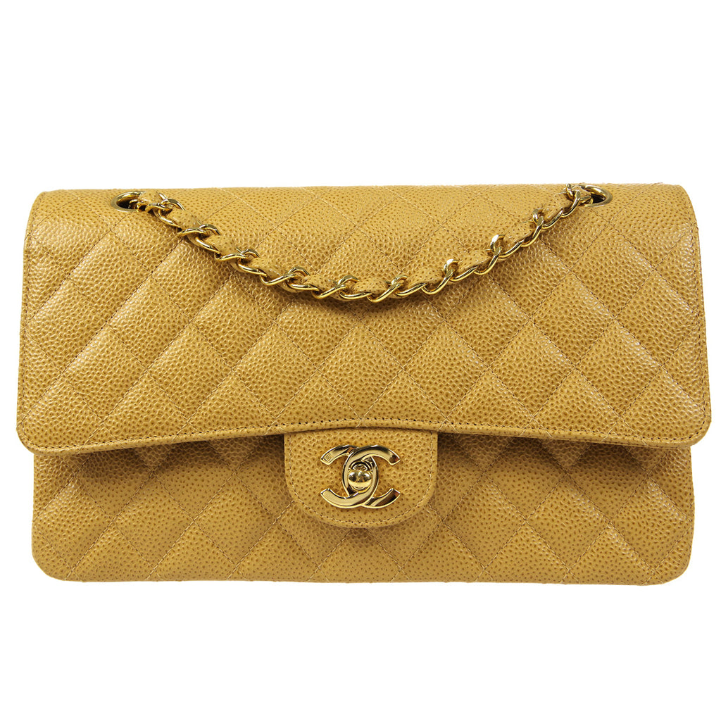 CHANEL 2001-2003 Classic Double Flap Medium Beige Caviar