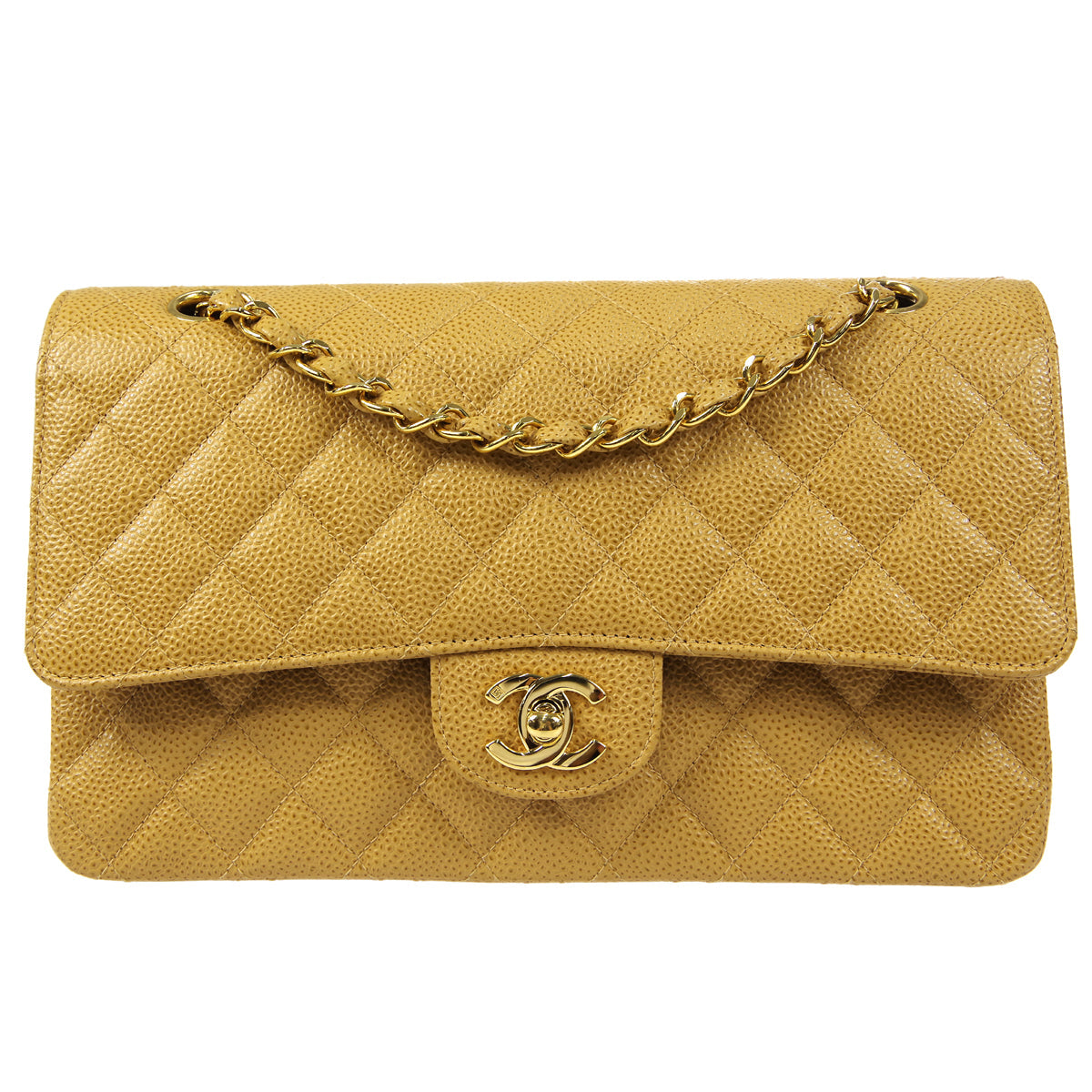 CHANEL 2001-2003 Classic Double Flap Medium Beige Caviar