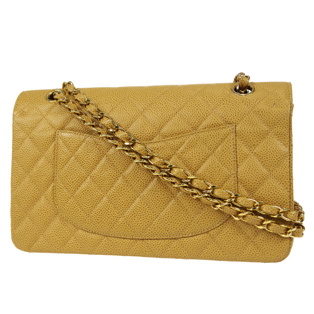 CHANEL 2001-2003 Classic Double Flap Medium Beige Caviar