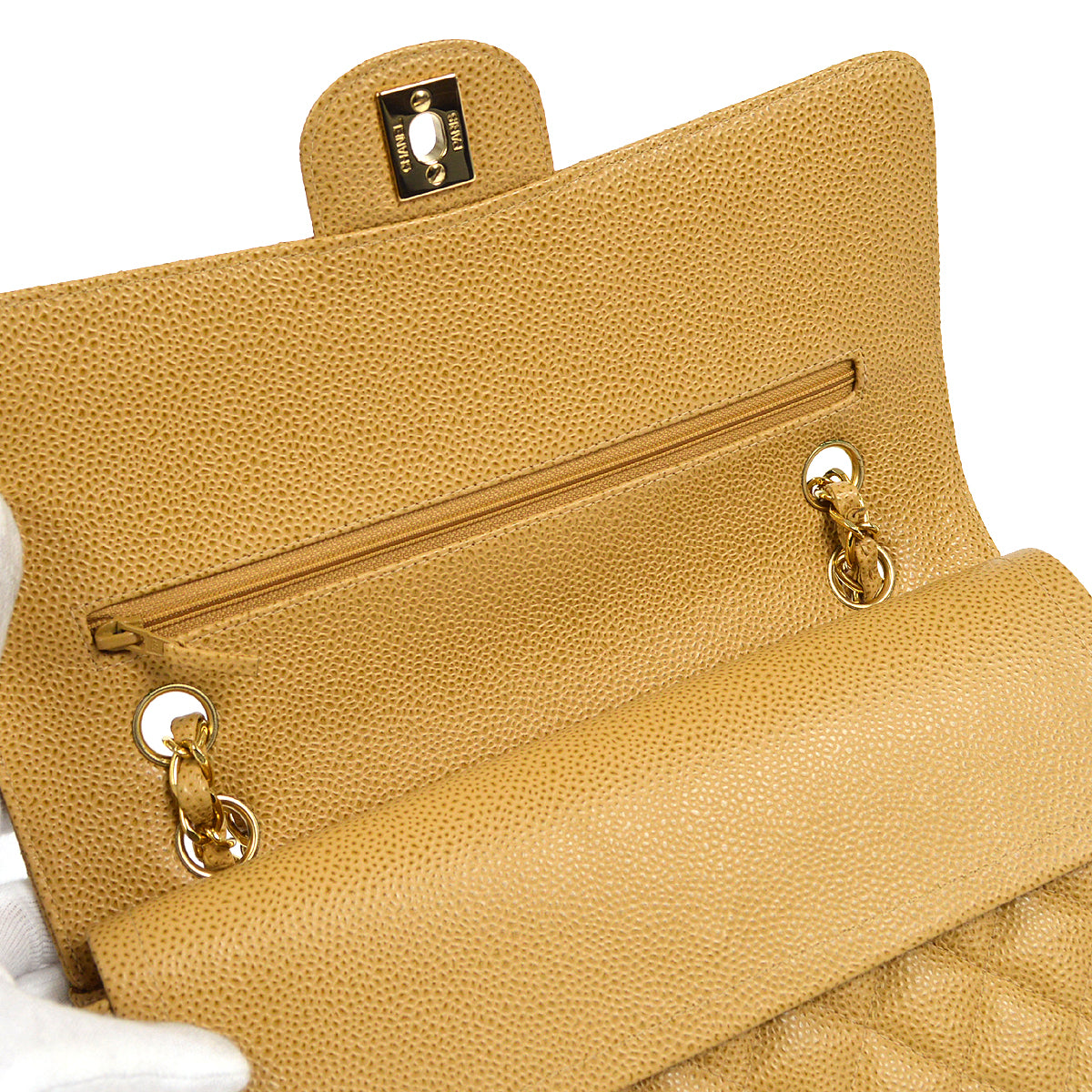 CHANEL 2001-2003 Classic Double Flap Medium Beige Caviar
