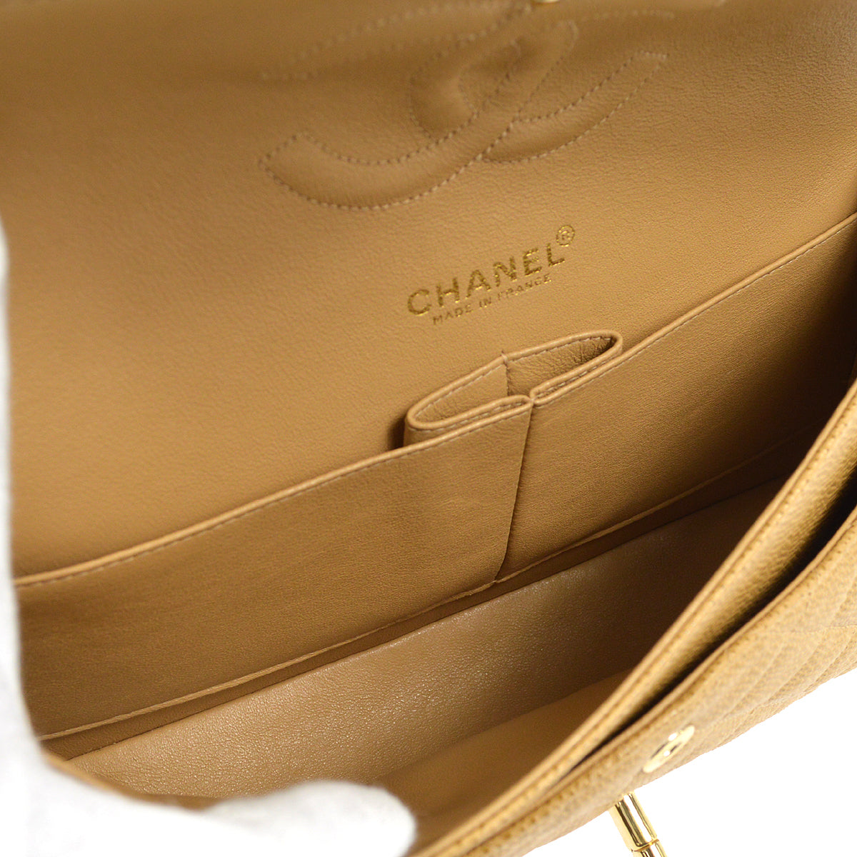 CHANEL 2001-2003 Classic Double Flap Medium Beige Caviar