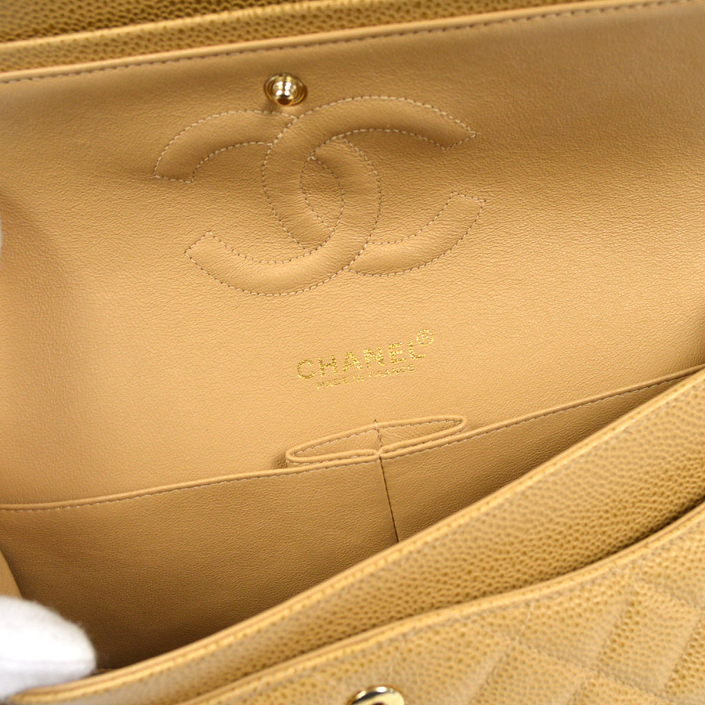 CHANEL 2001-2003 Classic Double Flap Medium Beige Caviar