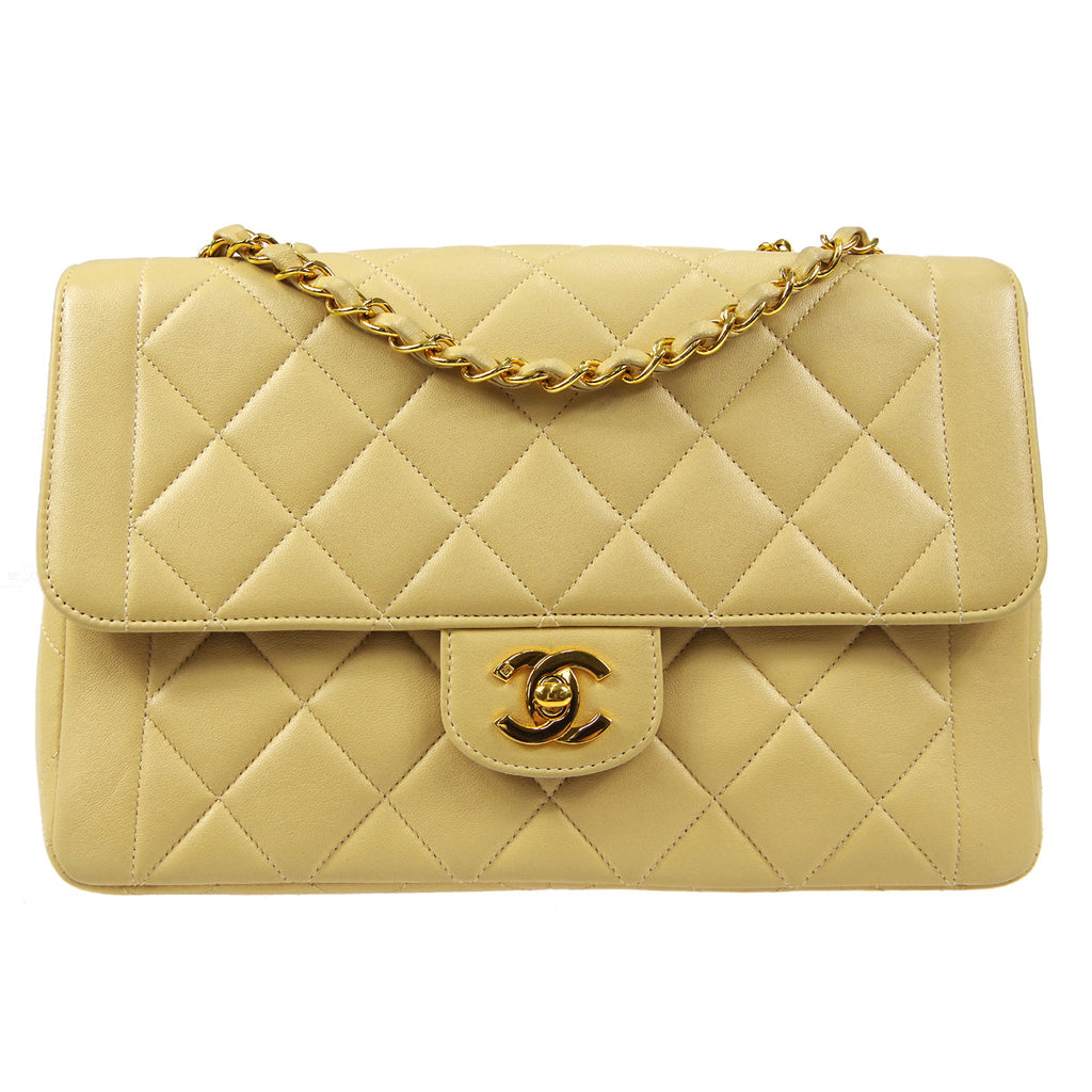 CHANEL Classic Single Flap Medium Shoulder Bag Beige Lambskin