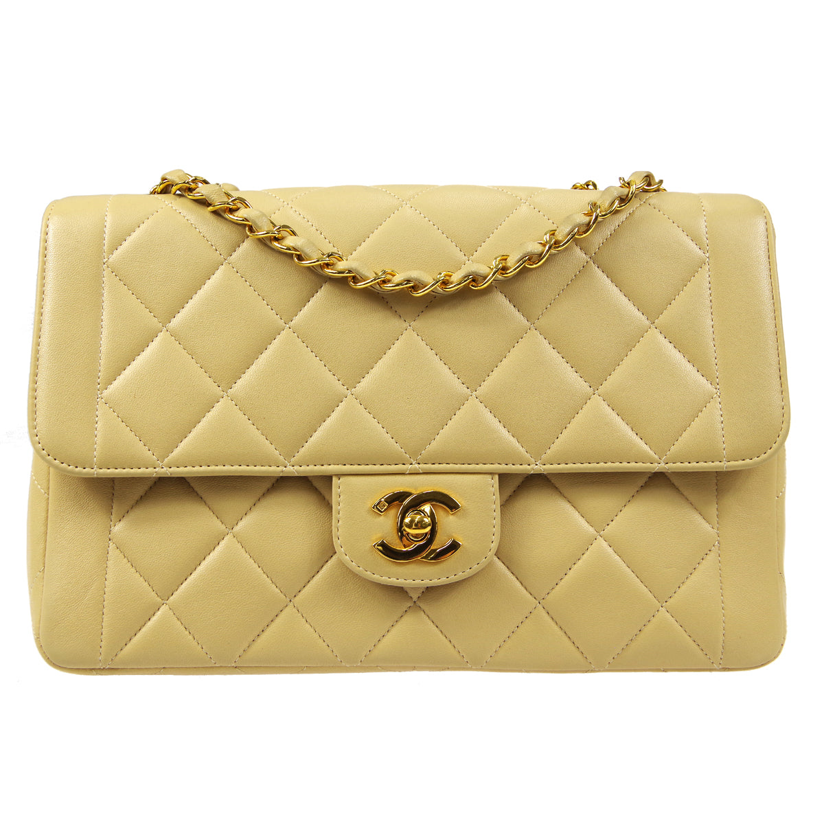 CHANEL Classic Single Flap Medium Shoulder Bag Beige Lambskin