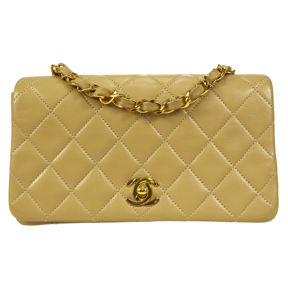 CHANEL Full Flap Chain Shoulder Bag Beige Lambskin