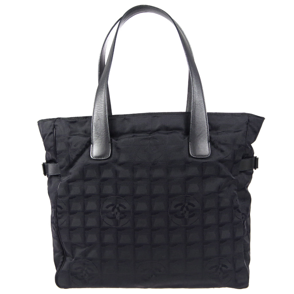 CHANEL Choco Bar Travel Line Tote Handbag Black Jacquard