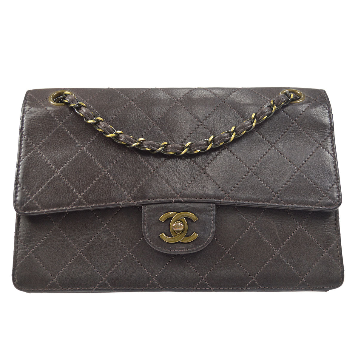 CHANEL Double Chain Shoulder Bag Brown Calfskin