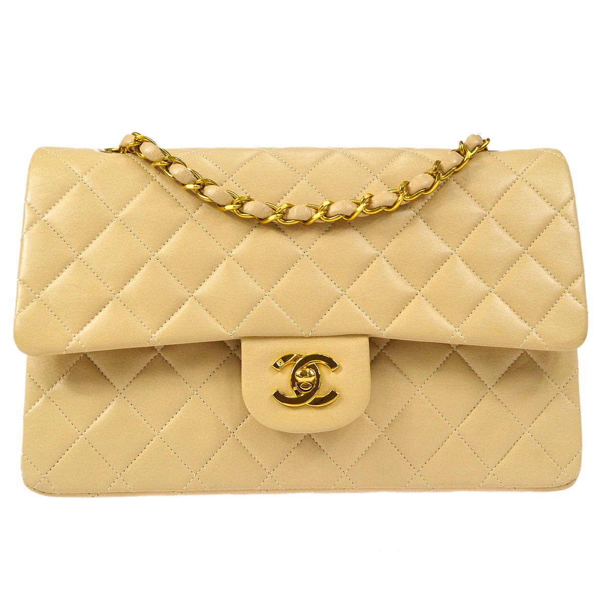 CHANEL Classic Double Flap Medium Shoulder Bag Beige Lambskin