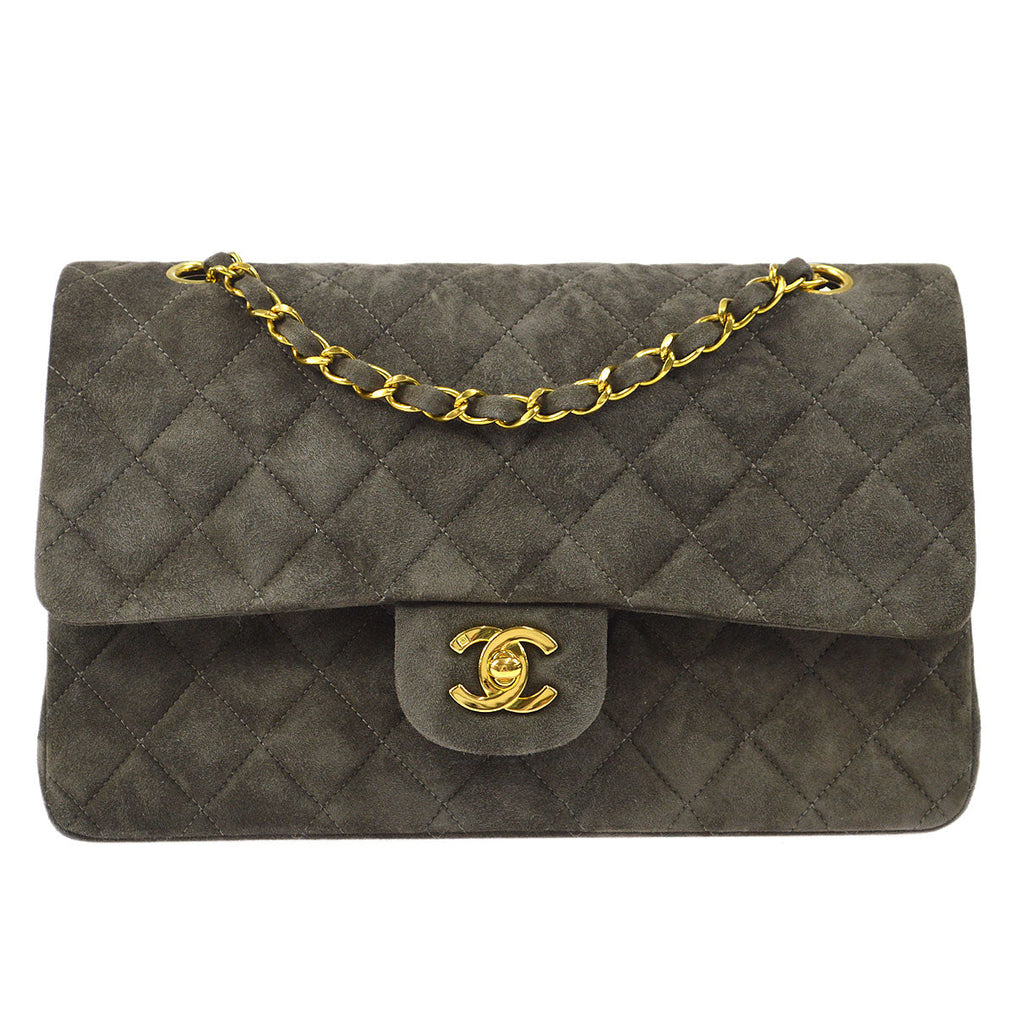 CHANEL Classic Double Flap Medium Shoulder Bag Gray Suede