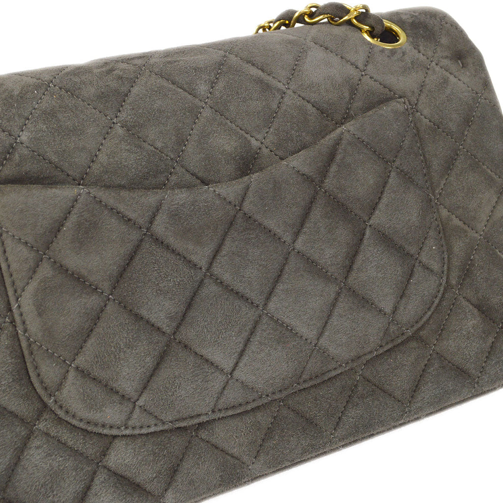 CHANEL Classic Double Flap Medium Shoulder Bag Gray Suede