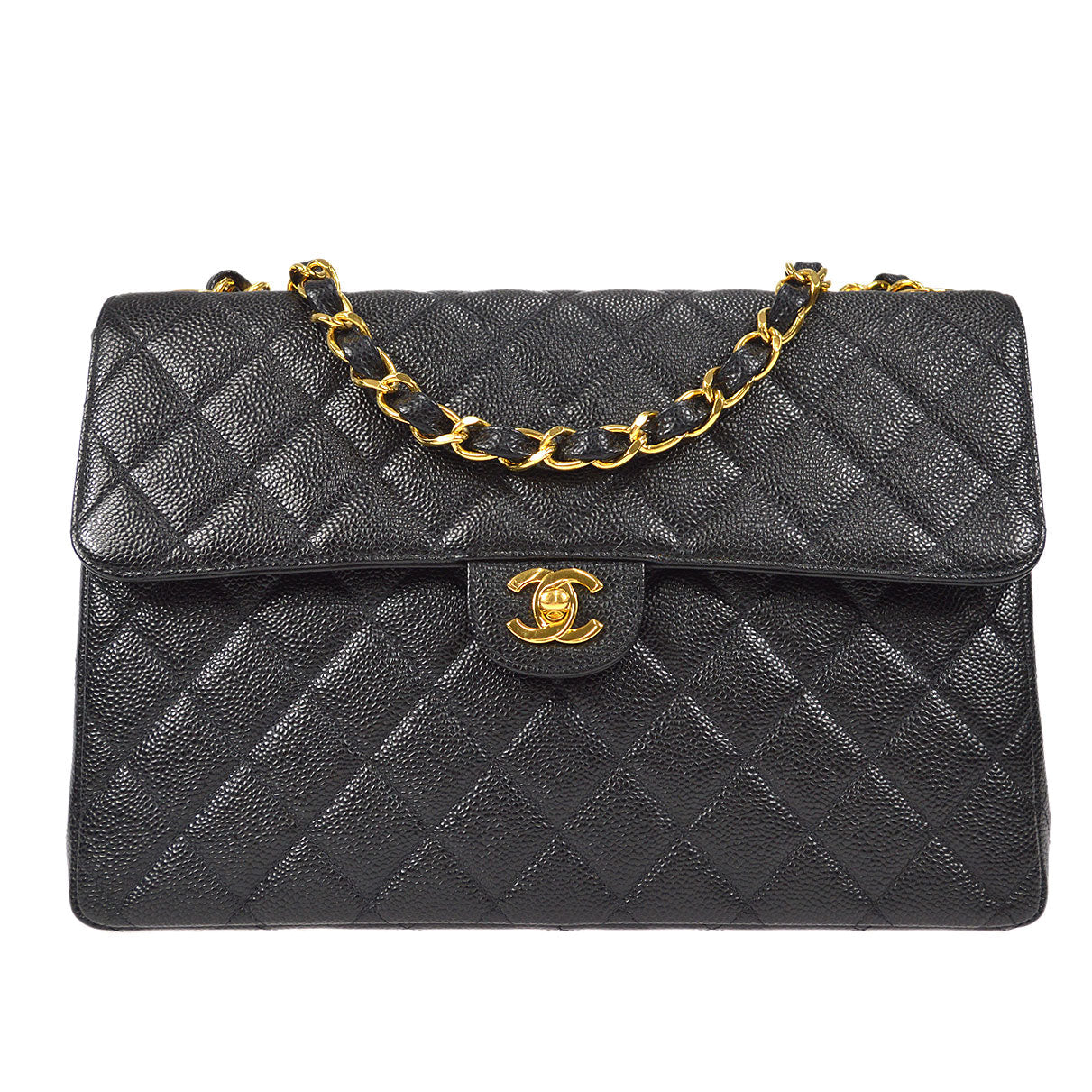 CHANEL Classic Flap Jumbo Double Chain Shoulder Bag Black Caviar