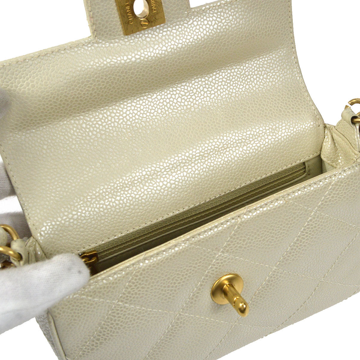 CHANEL Chain Handbag Pearl White Caviar