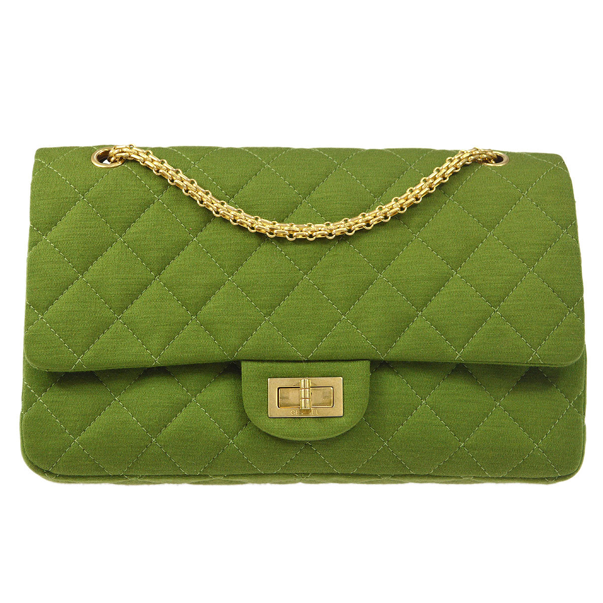 CHANEL 2.55 Line Double Flap Shoulder Bag Green Cotton