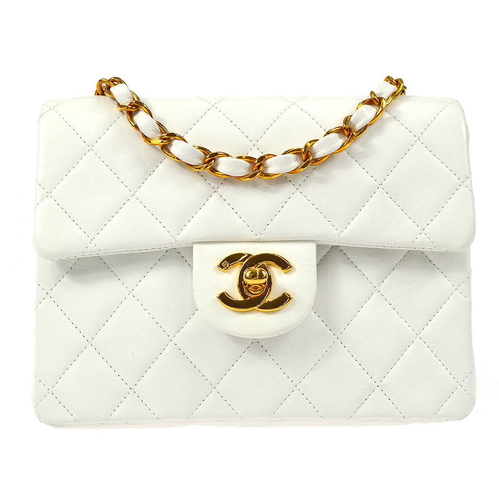 CHANEL Classic Flap Mini Square Chain Shoulder Bag White Lambskin