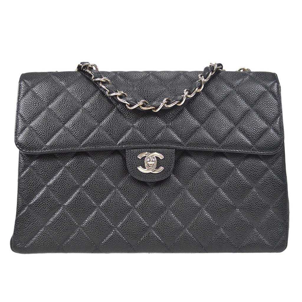 CHANEL Classic Flap Jumbo Double Chain Shoulder Bag Black Caviar