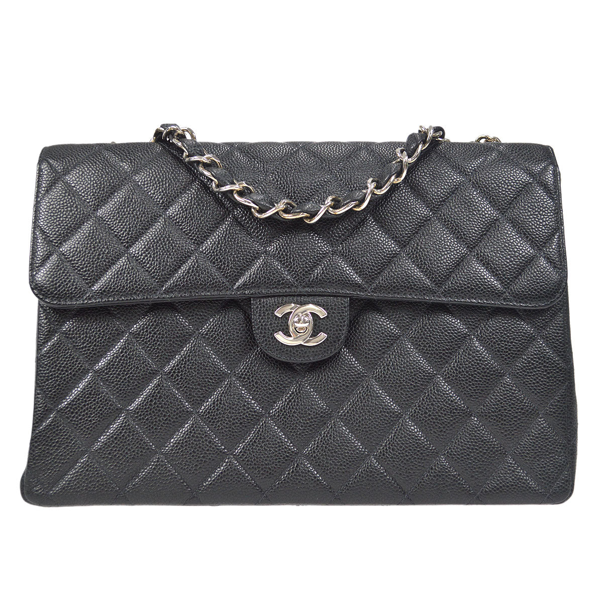 CHANEL Classic Flap Jumbo Double Chain Shoulder Bag Black Caviar
