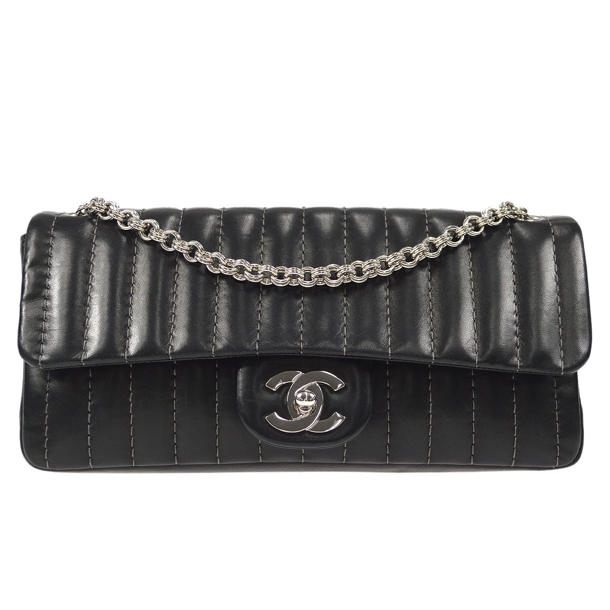 CHANEL Mademoiselle Double Chain Shoulder Bag Black Calfskin