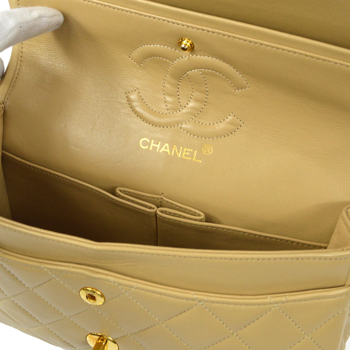 CHANEL Classic Double Flap Small Shoulder Bag Beige Lambskin