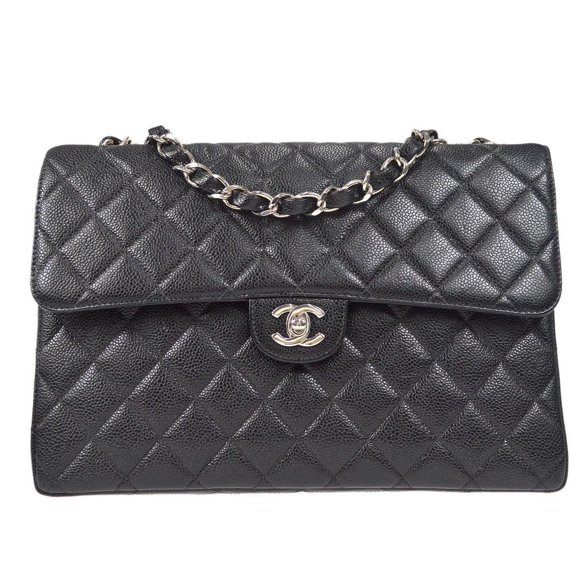 CHANEL Classic Flap Jumbo Double Chain Shoulder Bag Black Caviar