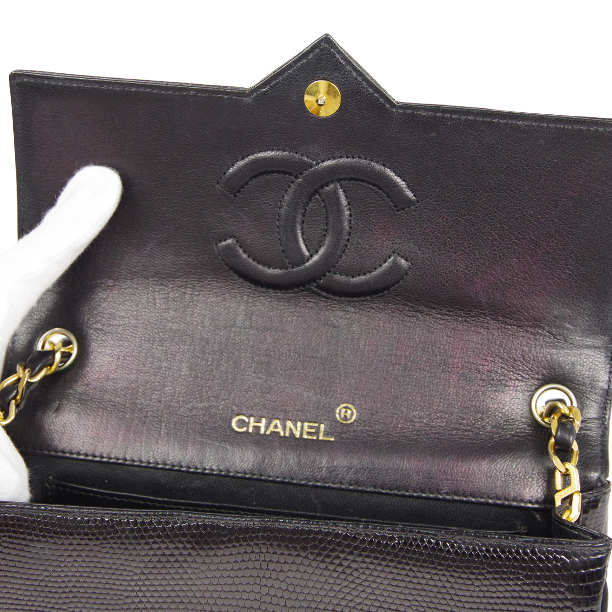 CHANEL * Single Chain Shoulder Bag Black Lizard