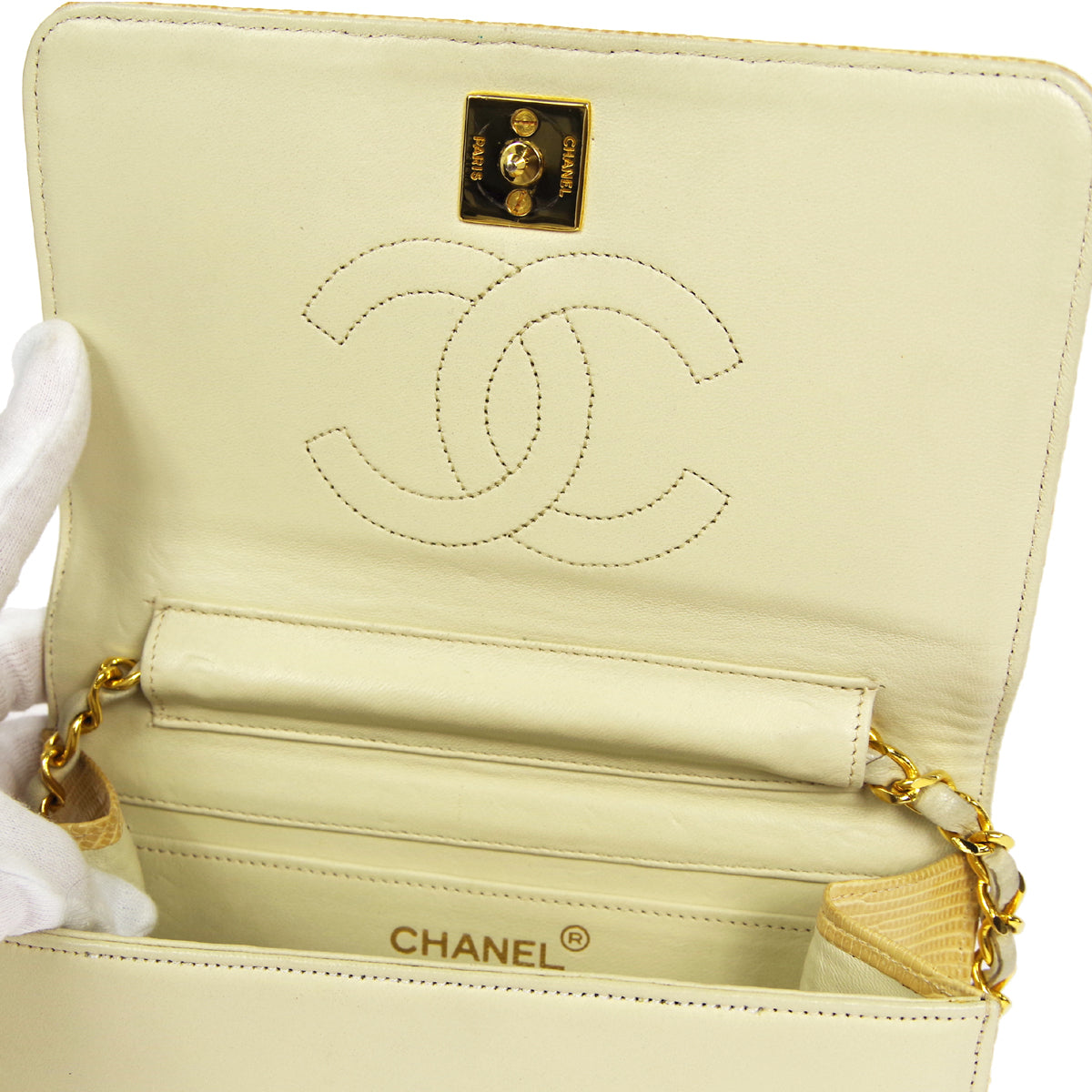 CHANEL * Full Flap Chain Shoulder Bag Beige Lizard