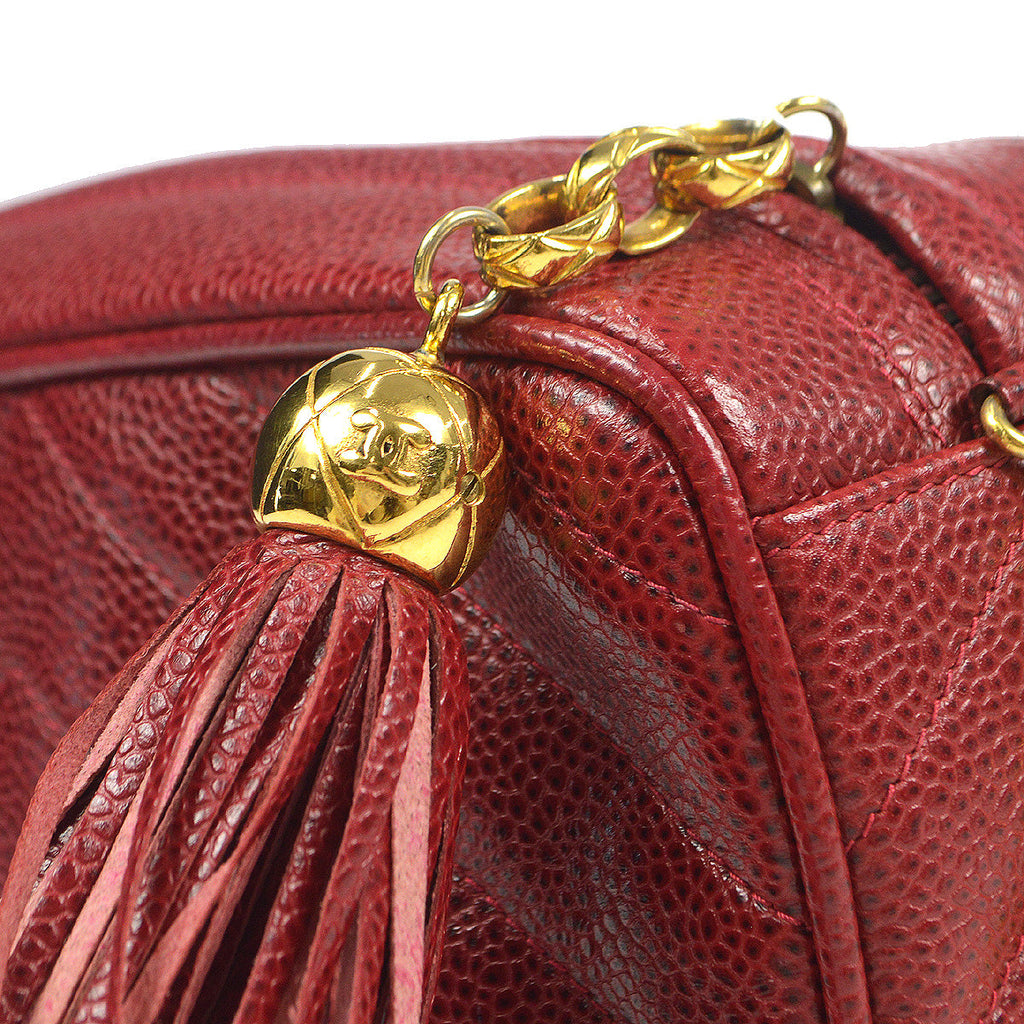 Chanel 1991-1994 Chevron Pocket Camera Bag Mini Red Caviar