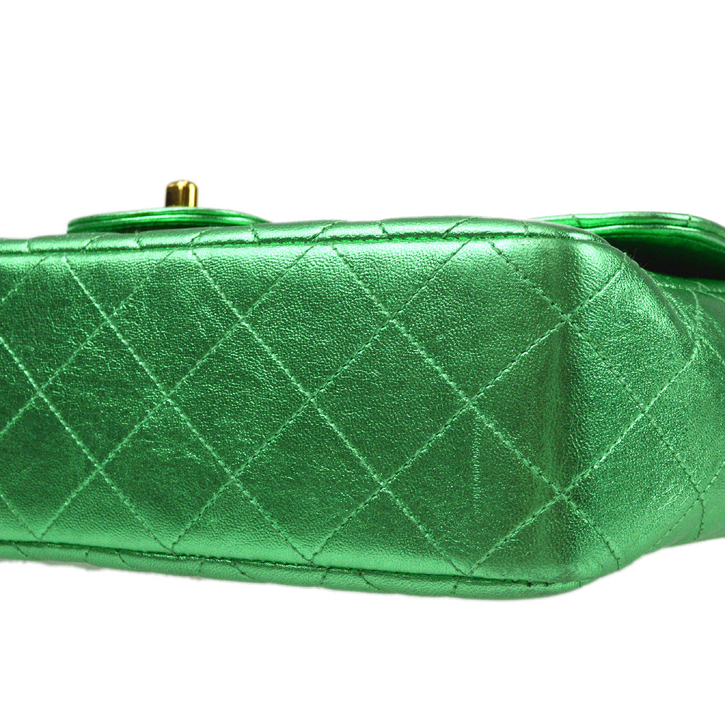 CHANEL 1994 Classic Flap Handbag Medium Metallic Green Lambskin
