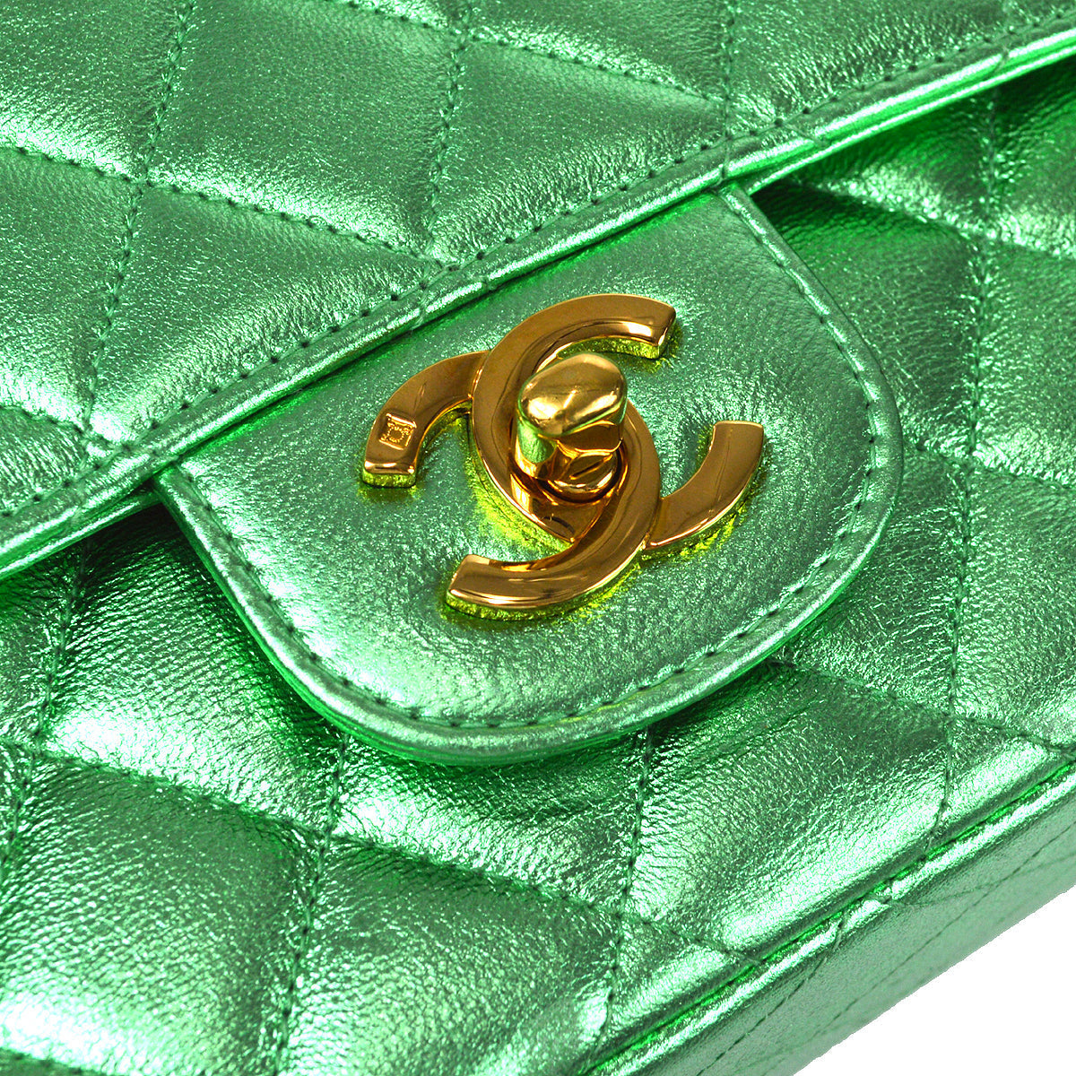 CHANEL 1994 Classic Flap Handbag Medium Metallic Green Lambskin