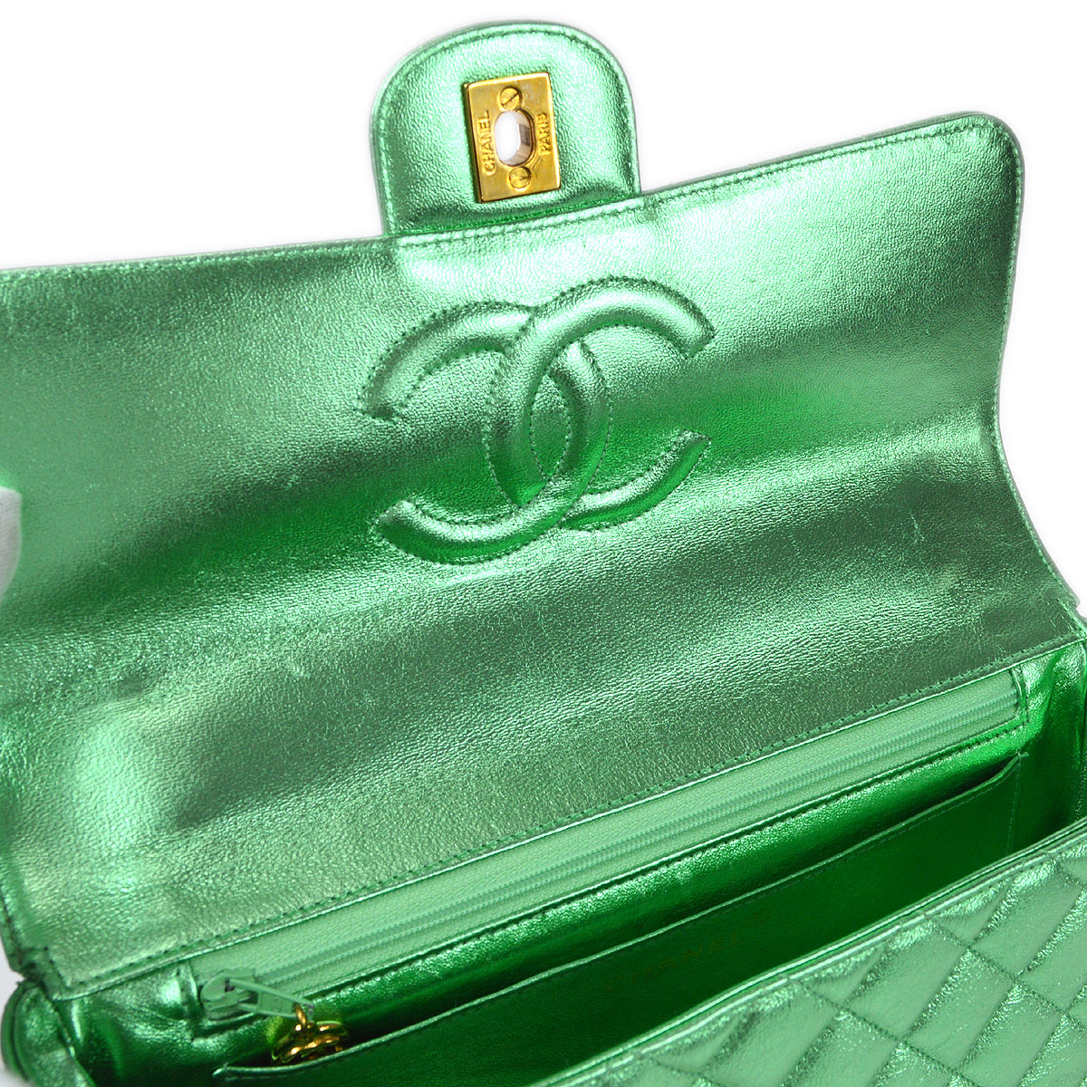 CHANEL 1994 Classic Flap Handbag Medium Metallic Green Lambskin