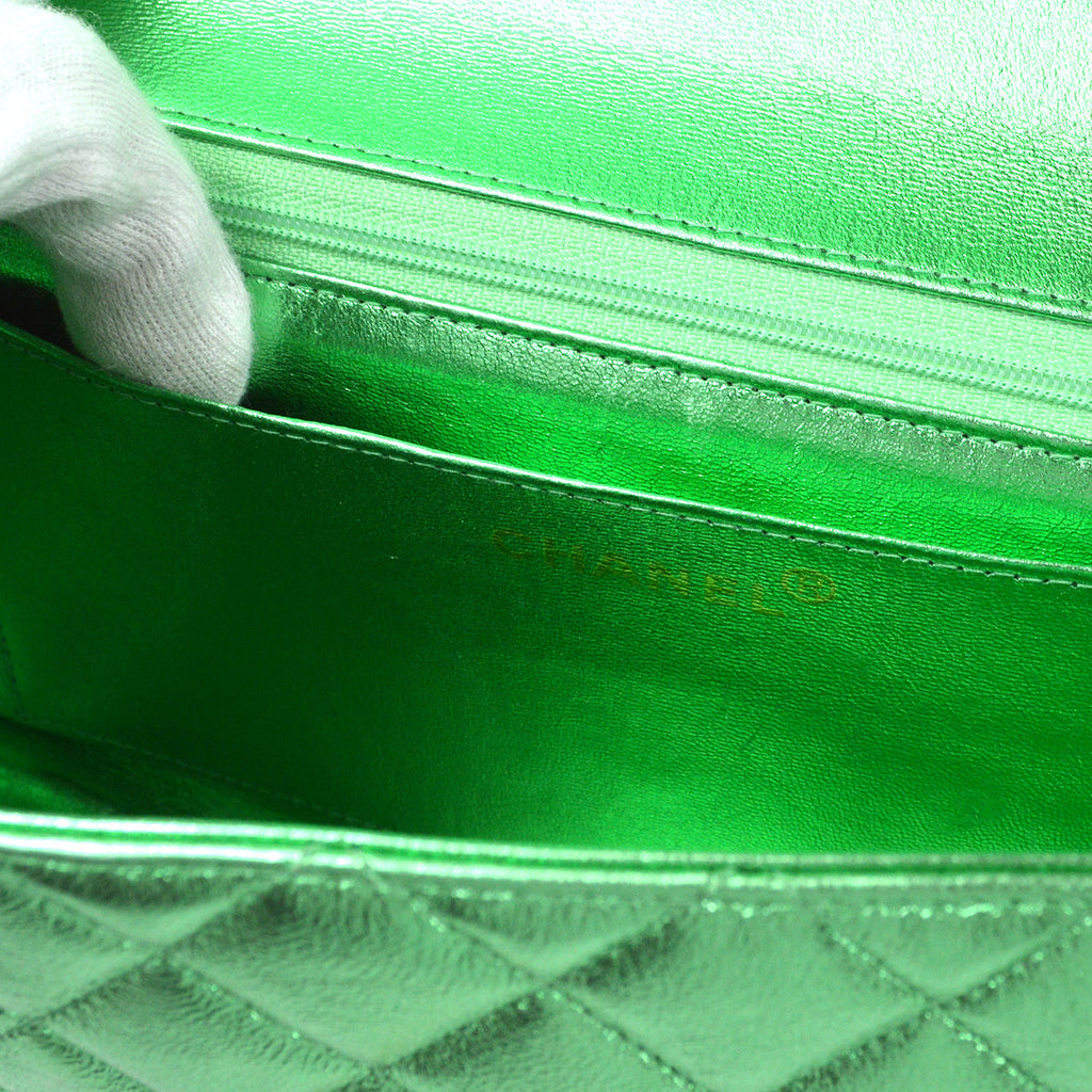 CHANEL 1994 Classic Flap Handbag Medium Metallic Green Lambskin