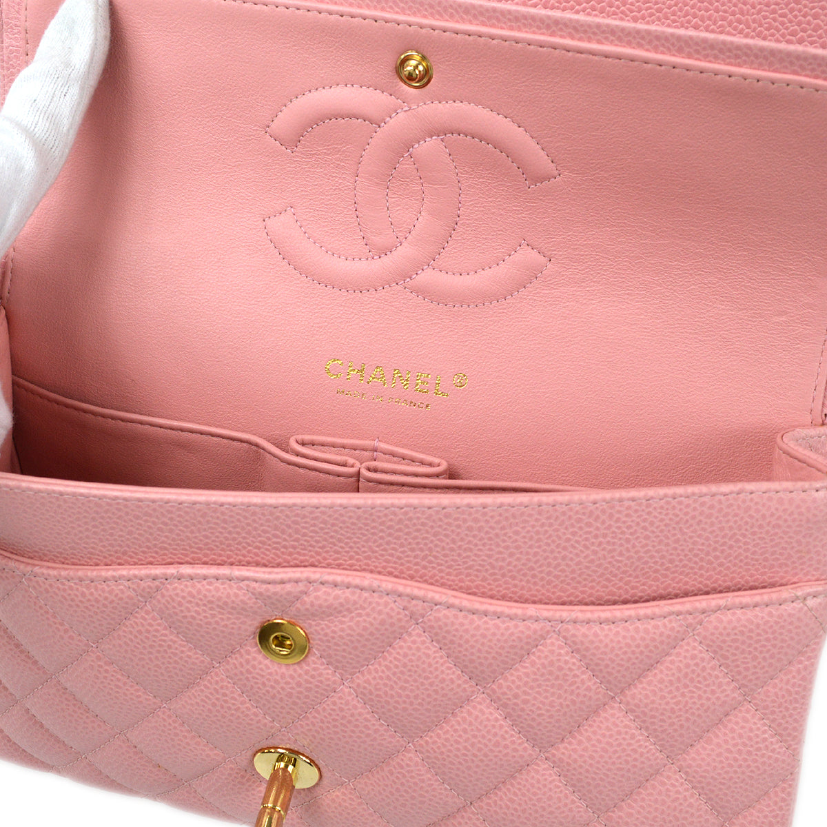 CHANEL 2004-2005 Medium Classic Double Flap Bag Pink Caviar