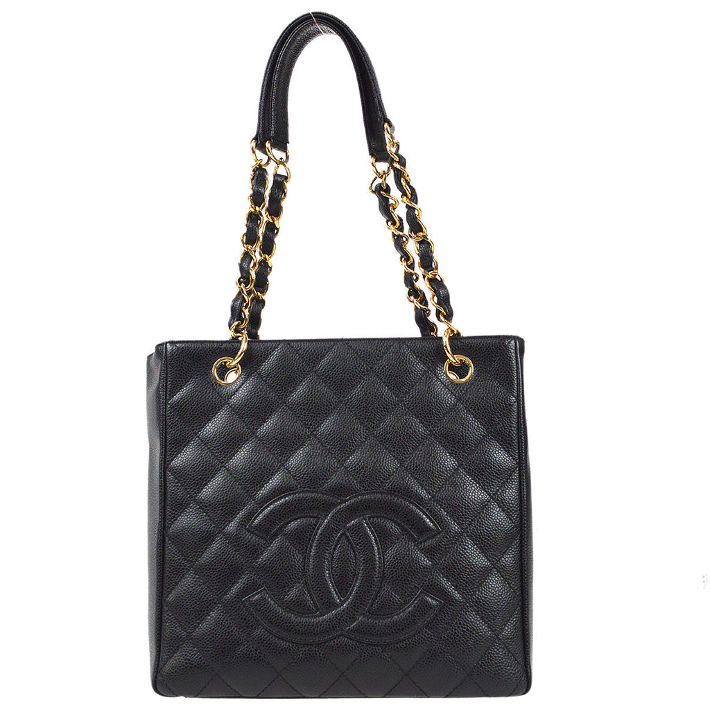 Chanel 2005-2006 Petite Shopping Tote PST Chain Hand Tote Bag Black Caviar