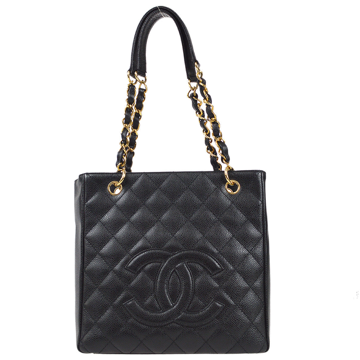 Chanel 2005-2006 Petite Shopping Tote PST Chain Hand Tote Bag Black Caviar