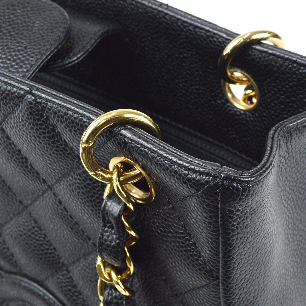 Chanel 2005-2006 Petite Shopping Tote PST Chain Hand Tote Bag Black Caviar