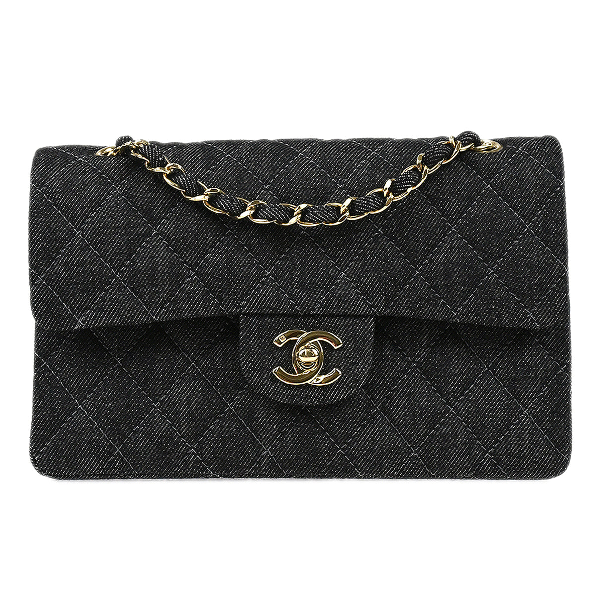 Chanel 1997-1999 Classic Double Flap Small Chain Shoulder Bag Black Denim