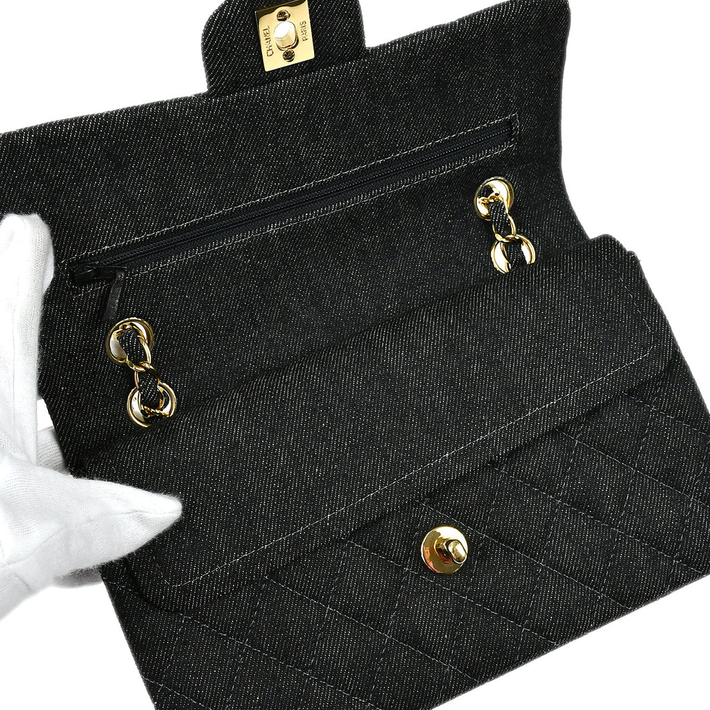 Chanel 1997-1999 Classic Double Flap Small Chain Shoulder Bag Black Denim