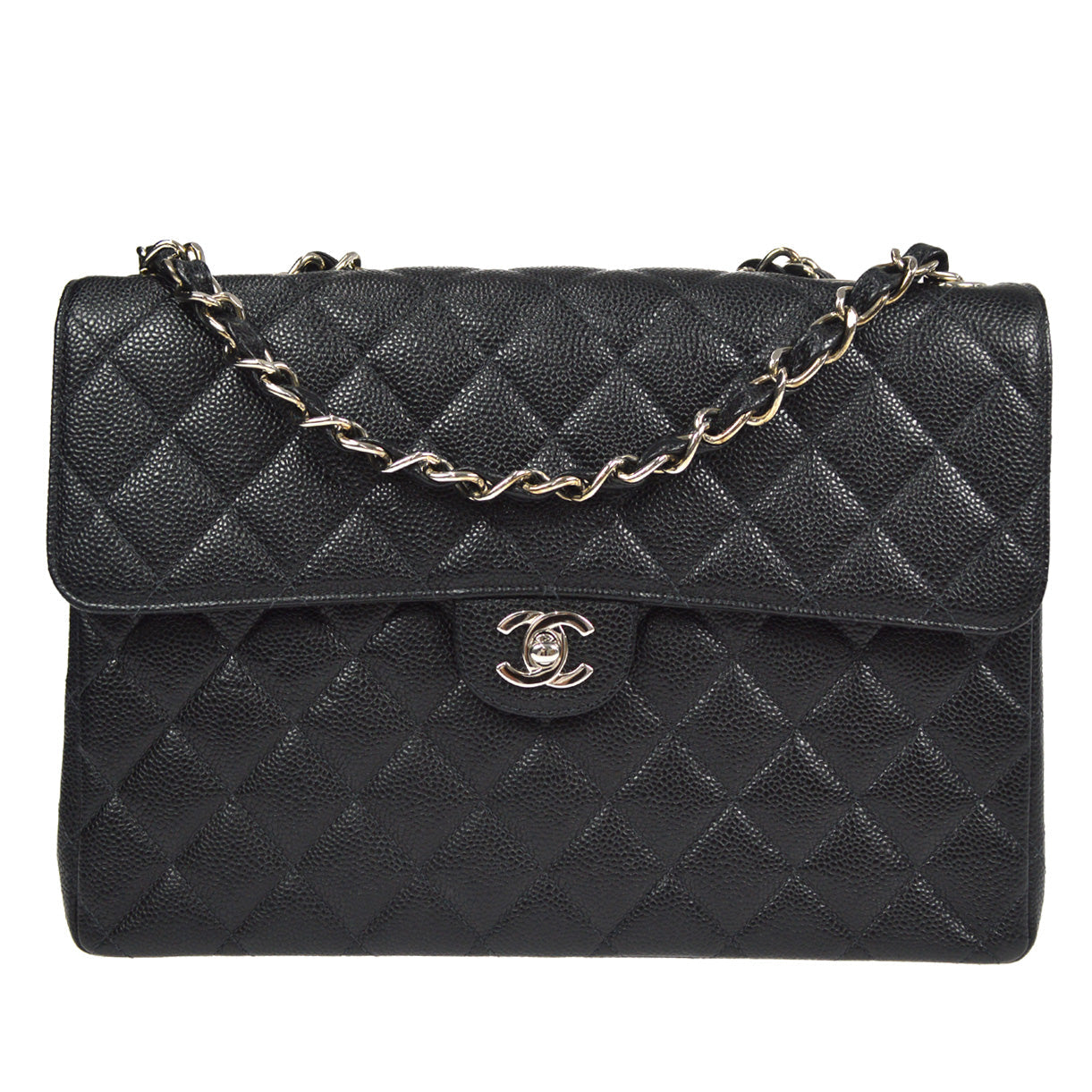 CHANEL Classic Flap Jumbo Double Chain Shoulder Bag Black Caviar