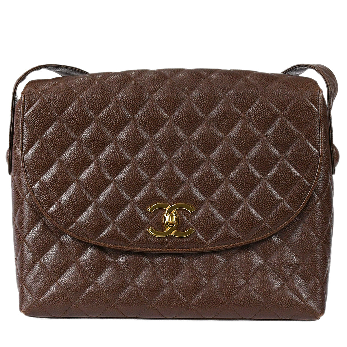 Chanel 1991-1994 Round Flap Shoulder Bag Jumbo Brown Caviar